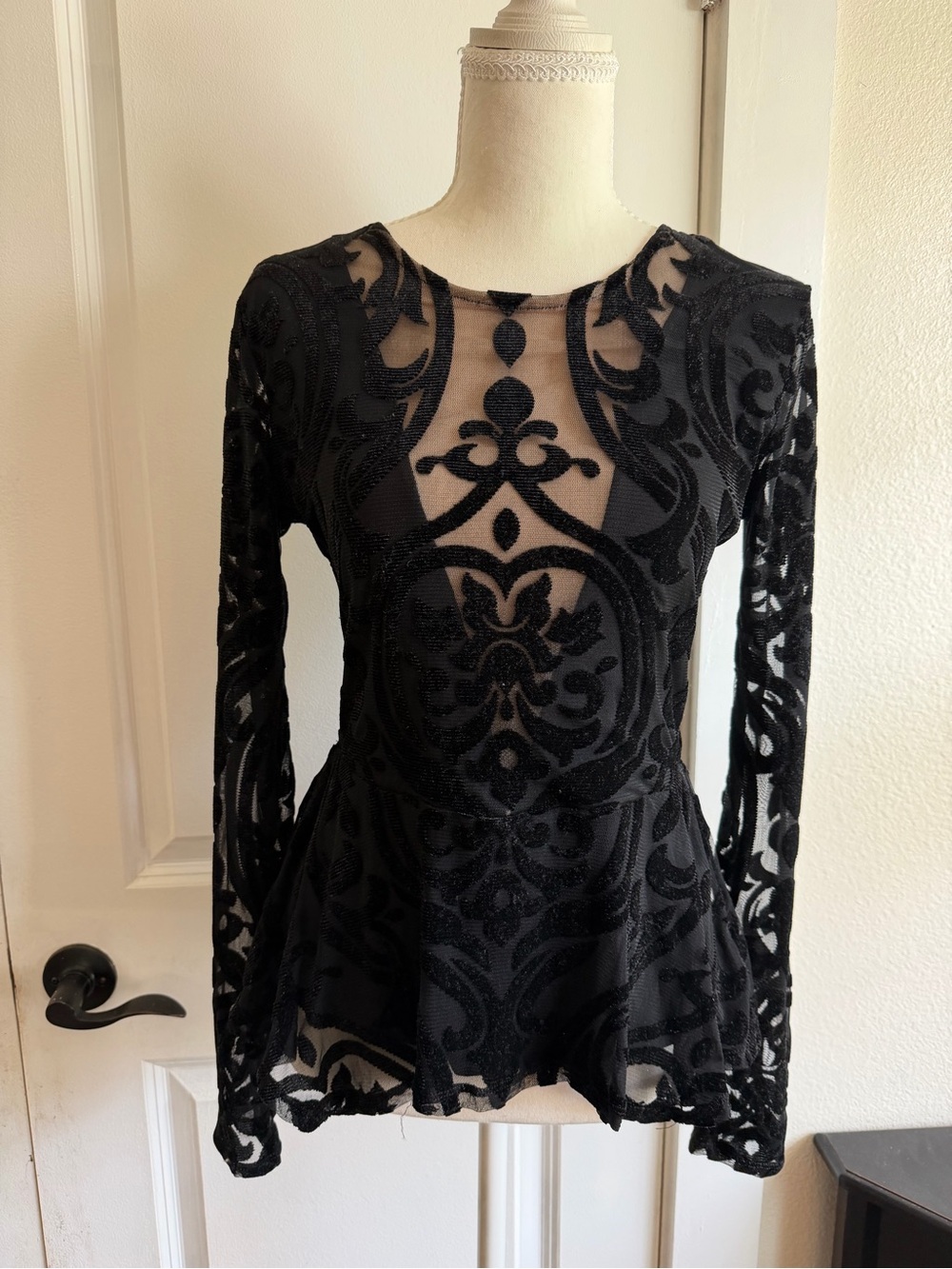 BCBGMaxAzria Black Sheer Velvet-Flocked Peplum Blouse Deep V Cut Sexy Sheer